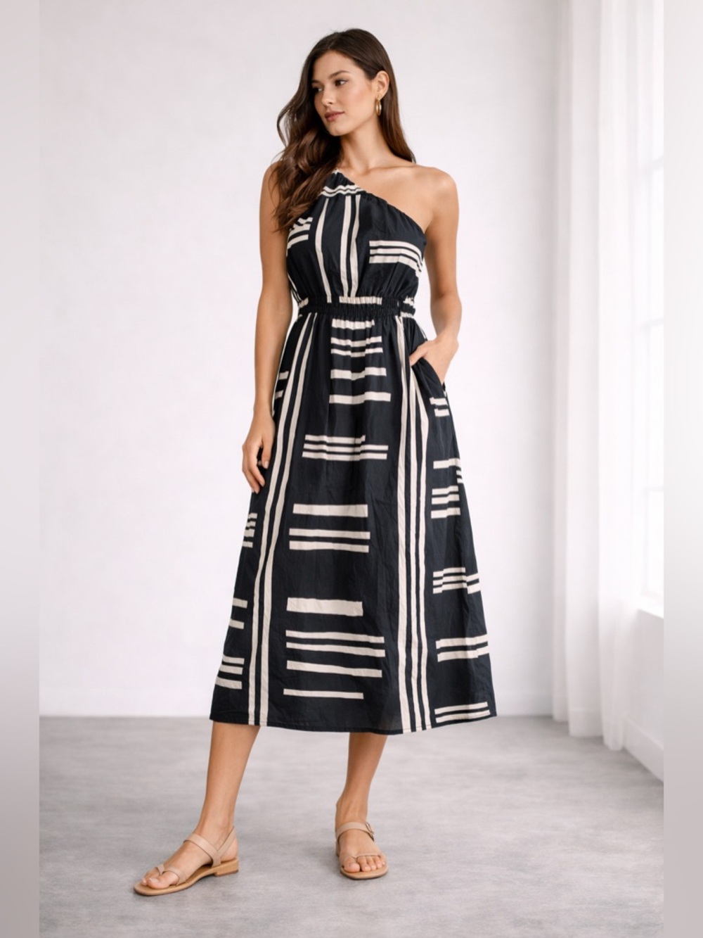 Rails One Shoulder Black White Stripe Midi Dress Cotton Quiet Luxury Boho XL